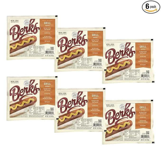 Berks Beef and Pork Grill Hot Dogs Value Pack, 8 per Pack (Pack of 6), Gluten-free